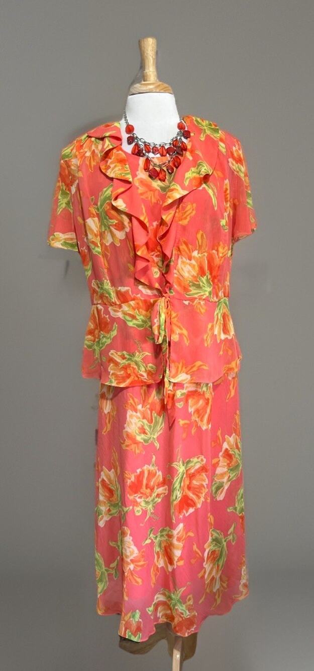 Studio I Women's 14 Floral 3pc Set Maxi Dress & Necklace Flowy Cottage Fairycore